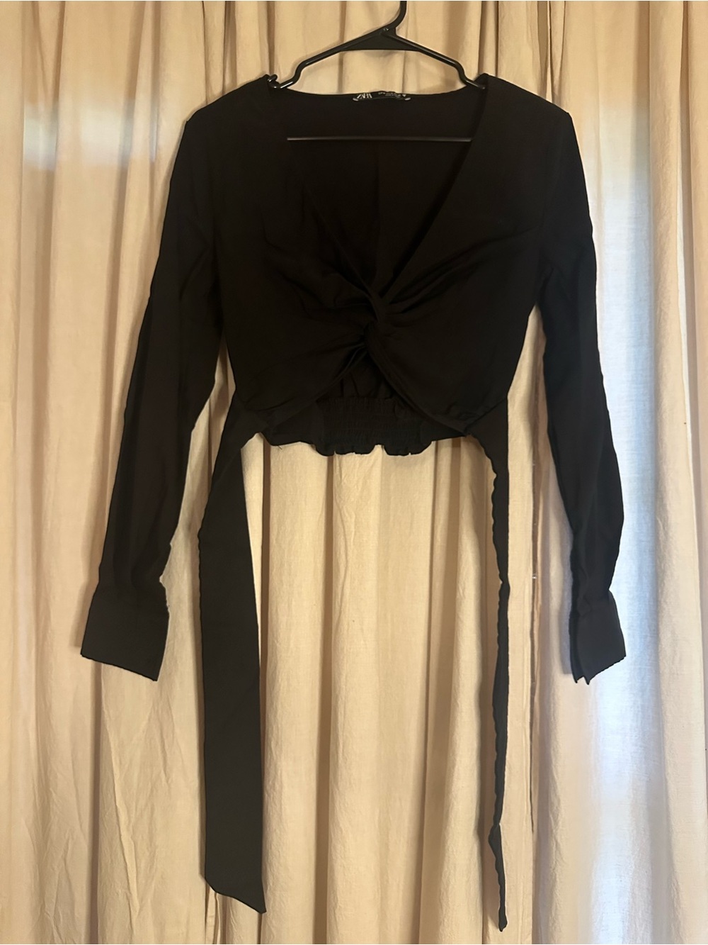 Zara Black Twist-Front Long-Sleeve Crop Top with Ties